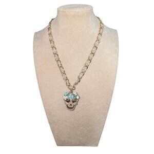 Betsey Johnson Gold-Tone Crystal Flower Sugar Skull Necklace 16" Chain Extender